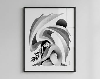 Angel - Wall Art Poster / Modern Print / Black and White Illustrated Home Decor