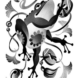 May include: Monochrome illustration of a frog with a floral pattern on its belly, surrounded by stylized leaves and ribbons. A butterfly is also present. The artwork has a textured, grainy appearance, with a playful, whimsical style.