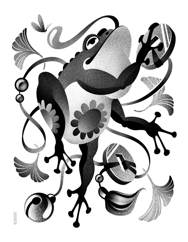 May include: Monochrome illustration of a frog with a floral pattern on its belly, surrounded by stylized leaves and ribbons. A butterfly is also present. The artwork has a textured, grainy appearance, with a playful, whimsical style.