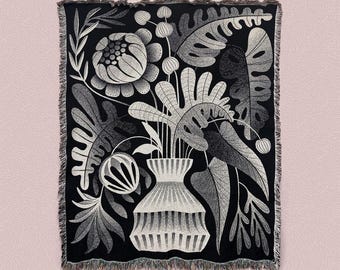 Community - Floral gewebter Baumwolle Wandteppich / Grafischer Textilkunst Überwurf / Decke