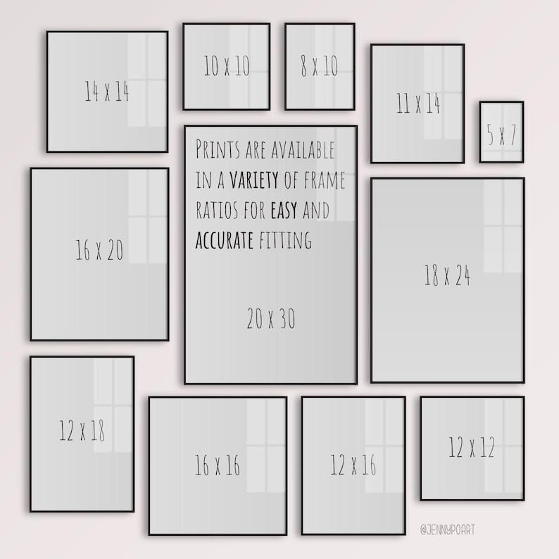 Peut inclure: Plusieurs cadres de tailles vari&eacute;es, dont 35.56 x 35.56 cm, 40.64 x 50.8 cm et 50.8 x 76.2 cm. Le texte central indique : &laquo; LES IMPRESSIONS SONT DISPONIBLES DANS UNE VARI&Eacute;T&Eacute; DE RAPPORTS DE CADRE POUR UN AJUSTEMENT FACILE ET PR&Eacute;CIS &raquo;.