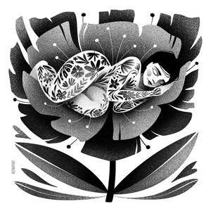 May include: Black and white illustration of a person curled up asleep inside a large flower. The person's body is decorated with floral tattoos. The flower has multiple layers of petals and a stem. The image is a detailed, grayscale drawing.