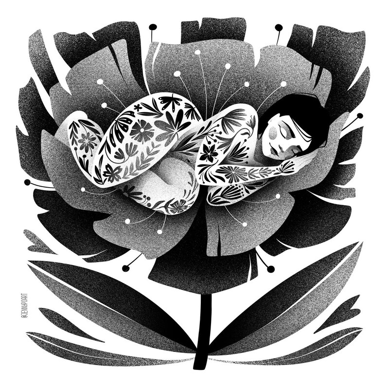 May include: Black and white illustration of a person curled up asleep inside a large flower. The person's body is decorated with floral tattoos. The flower has multiple layers of petals and a stem. The image is a detailed, grayscale drawing.