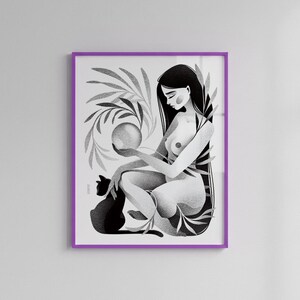 May include: Black and white art print in a purple frame. The illustration depicts a seated figure holding a sphere, with a black cat and foliage. The artwork has a grayscale color palette and a detailed, shaded style.