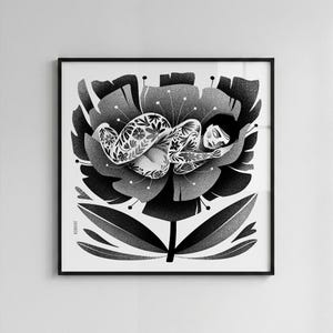 May include: Black and white art print of a person sleeping inside a large flower. The person has floral tattoos and is curled up in a peaceful pose. The flower has detailed petals and a stem. The artwork is framed in a black square frame.