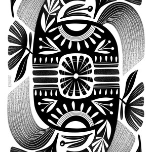 May include: Black and white abstract illustration with floral and animal-like shapes. The design features stylized flowers, leaves, and curved lines, with a textured, grainy effect. The artwork has a symmetrical composition and a minimalist aesthetic.