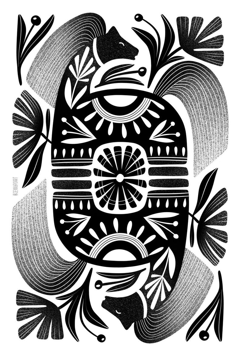 May include: Black and white abstract illustration with floral and animal-like shapes. The design features stylized flowers, leaves, and curved lines, with a textured, grainy effect. The artwork has a symmetrical composition and a minimalist aesthetic.