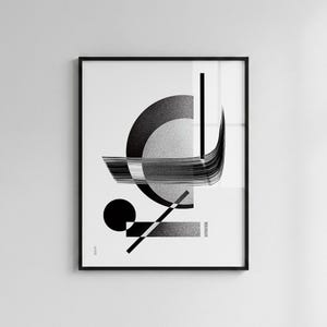 Peut inclure: Impression d'art abstrait en noir et blanc encadr&eacute;e. L'&oelig;uvre pr&eacute;sente des formes g&eacute;om&eacute;triques, dont un cercle, un demi-cercle et un rectangle, avec des ombrages textur&eacute;s et des &eacute;l&eacute;ments lin&eacute;aires. Le design est minimaliste et moderne, adapt&eacute; &agrave; la d&eacute;coration int&eacute;rieure.