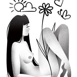 May include: Black and white illustration of a person reclining with a flower. A sun, cloud, heart, and butterfly are drawn above the person. The artist's signature, "JENNYPOART", is in the lower left corner.