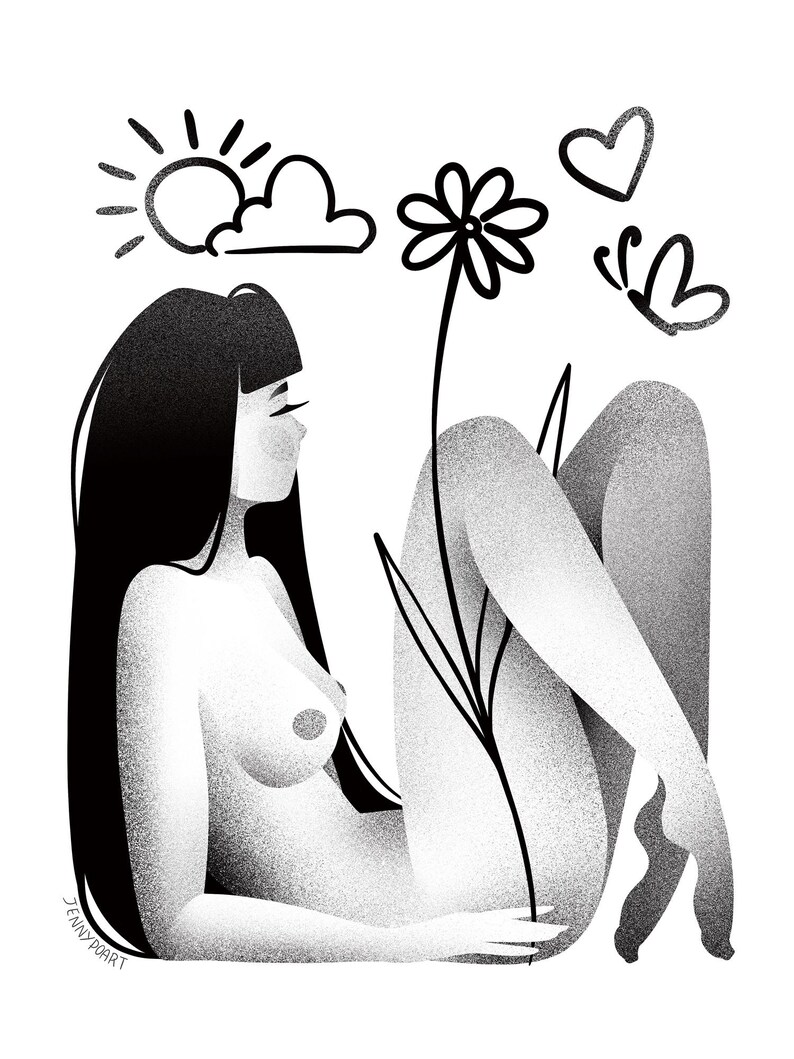 May include: Black and white illustration of a person reclining with a flower. A sun, cloud, heart, and butterfly are drawn above the person. The artist's signature, "JENNYPOART", is in the lower left corner.