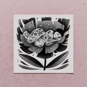 May include: Black and white illustration of a person curled up inside a large flower. The person has floral tattoos and is resting on the flower's petals. The flower has detailed leaves and a stem.