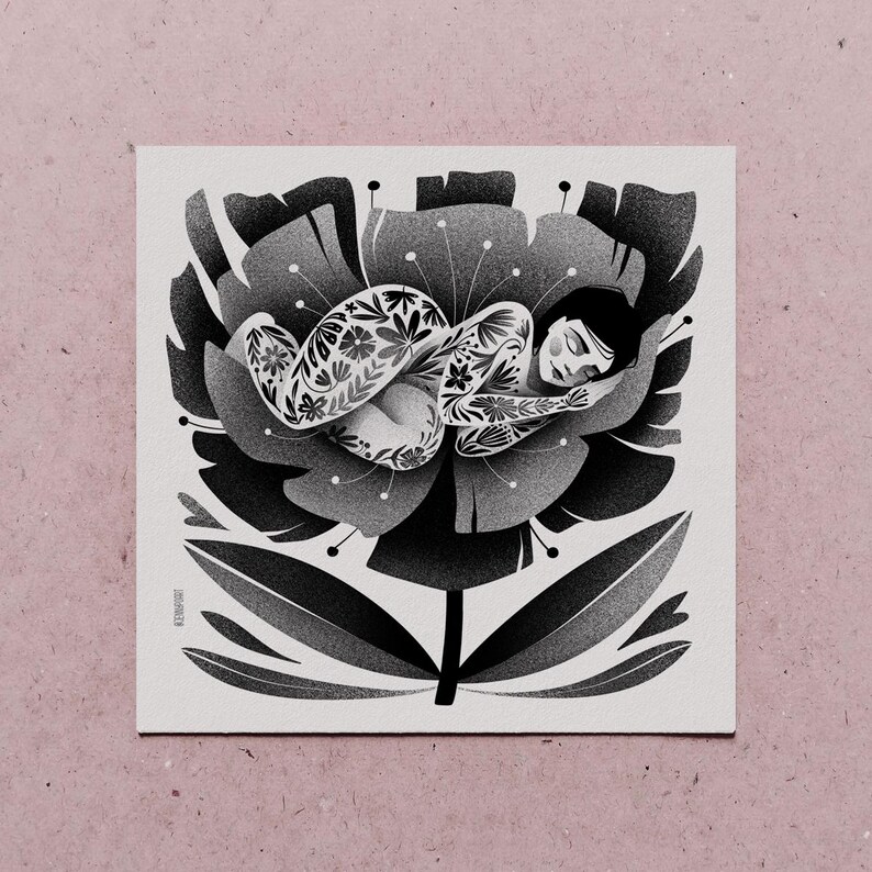 May include: Black and white illustration of a person curled up inside a large flower. The person has floral tattoos and is resting on the flower's petals. The flower has detailed leaves and a stem.