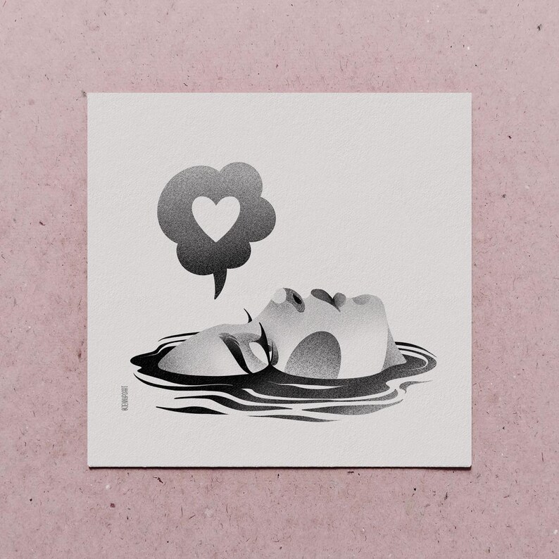 K&ouml;nnte beinhalten: Schwarz-Wei&szlig;-Illustration eines Gesichts, das aus dem Wasser auftaucht, mit einer Sprechblase in Herzform. Das Kunstwerk befindet sich auf quadratischem, wei&szlig;em Papier mit rosa Hintergrund.