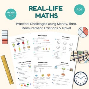 Può includere: Una risorsa educativa in PDF intitolata Real-Life Maths per bambini dai 7 ai 9 anni, con schede didattiche su denaro, tempo, misurazioni, frazioni e viaggi. Le pagine includono illustrazioni di orologi, una mappa, un righello e barre di frazioni.