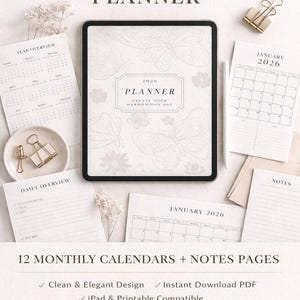 May include: A minimalist digital planner for 2026, featuring a tablet with butterfly designs, calendars, and note pages. The image includes text that reads "2026 Minimalist Digital Planner" and "12 Monthly Calendars + Notes Pages."