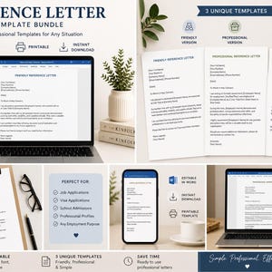 May include: A digital product bundle featuring reference letter templates. The image showcases a laptop, phone, and printed documents displaying the templates. Text includes "Reference Letter Template Bundle" and "3 Unique Templates". The templates are for job applications and more.