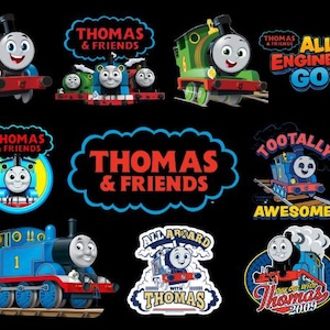 Könnte beinhalten: Eine Sammlung farbenfroher Thomas & Friends-Grafiken auf schwarzem Hintergrund. Die Bilder zeigen verschiedene Illustrationen von Thomas, der kleinen Lokomotive, und anderen Charakteren, zusammen mit Texten wie "Thomas & Friends" und "All Engines Go".