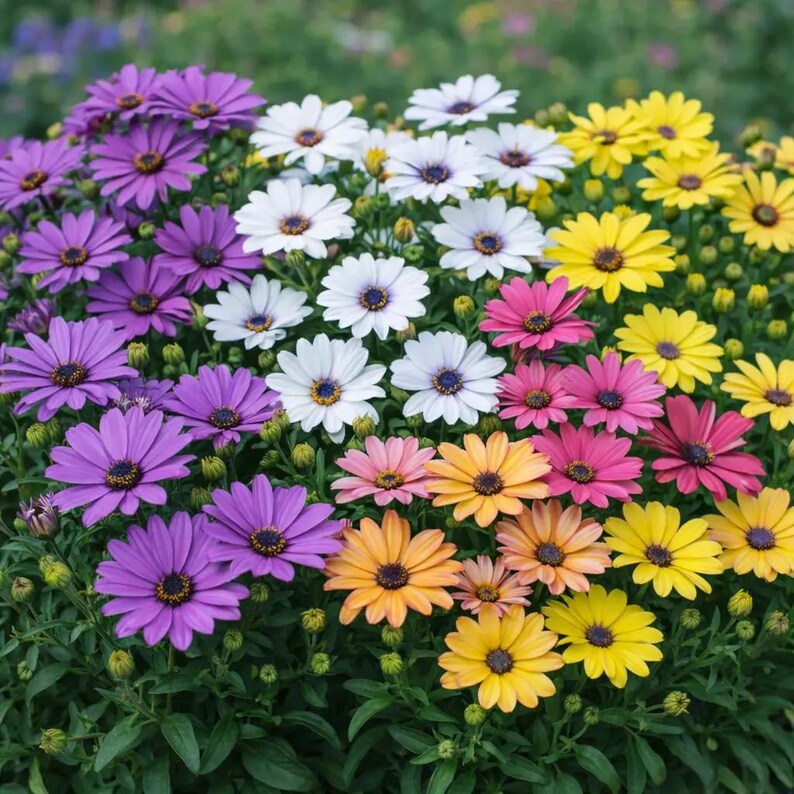 May include: A vibrant cluster of Osteospermum flowers featuring a diverse palette of purple, white, yellow, orange, and pink petals. Each daisy-like bloom displays a dark central disc surrounded by ray florets, set against lush green foliage.