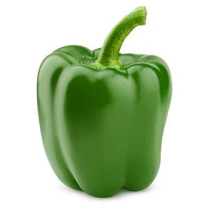 Puede incluir: Un pimiento verde fresco con una piel lisa y brillante y un tallo firme y erguido. La verdura presenta una forma redondeada de varios l&oacute;bulos con profundas hendiduras verticales, mostrando un color verde esmeralda vibrante y uniforme.