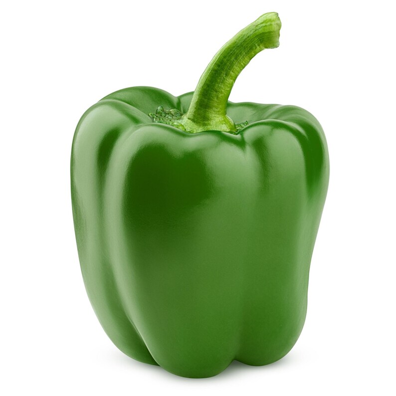 Puede incluir: Un pimiento verde fresco con una piel lisa y brillante y un tallo firme y erguido. La verdura presenta una forma redondeada de varios l&oacute;bulos con profundas hendiduras verticales, mostrando un color verde esmeralda vibrante y uniforme.