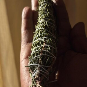 May include: A bundle of dried green cedar foliage tightly wrapped with thin white cotton string. The cylindrical arrangement features textured, needle-like leaves and woody stems secured in a spiral pattern along the length of the plant material.