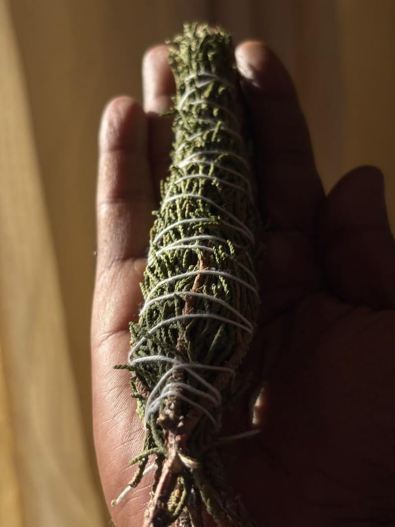 May include: A bundle of dried green cedar foliage tightly wrapped with thin white cotton string. The cylindrical arrangement features textured, needle-like leaves and woody stems secured in a spiral pattern along the length of the plant material.