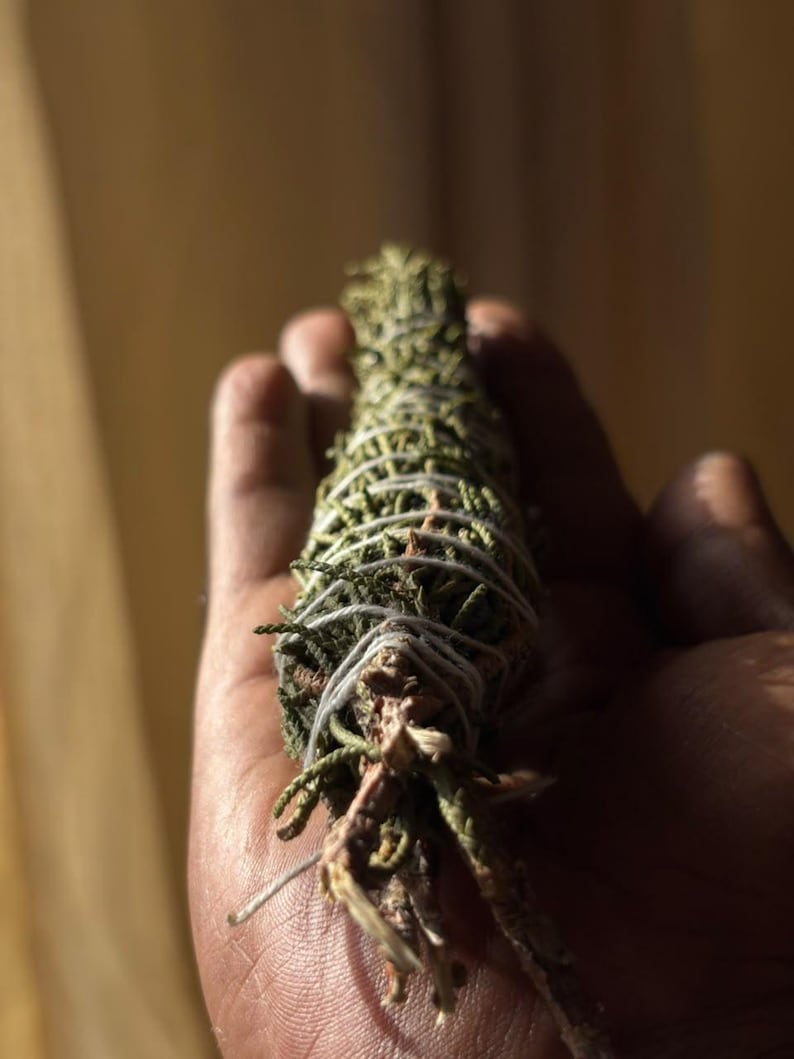 May include: A bundle of dried green cedar foliage tightly wrapped with thin white cotton string. The cylindrical arrangement features textured, needle-like leaves and woody stems, secured in a spiral pattern along the length of the botanical bundle.