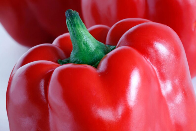 Puede incluir: Un pimiento rojo vibrante con una piel suave y brillante y una forma lobulada distintiva. Un peque&ntilde;o tallo verde texturizado est&aacute; unido a la parte superior central de la verdura, contrastando con el color rojo intenso de la carne redondeada.