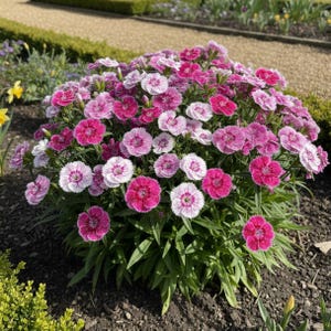 K&ouml;nnte beinhalten: Eine dichte Ansammlung von Dianthus-Bl&uuml;ten mit ger&uuml;schten Bl&uuml;tenbl&auml;ttern in Schattierungen von tiefem Magenta, zartem Rosa und Wei&szlig;. Die Bl&uuml;ten heben sich von schmalem gr&uuml;nem Laub ab, wobei jede Bl&uuml;te einen ausgepr&auml;gten gefransten Rand und ein lebhaftes, mehrfarbiges Muster auf den Bl&uuml;tenbl&auml;ttern aufweist.