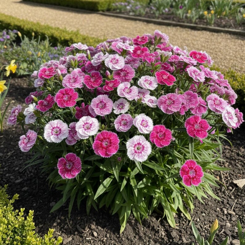 K&ouml;nnte beinhalten: Eine dichte Ansammlung von Dianthus-Bl&uuml;ten mit ger&uuml;schten Bl&uuml;tenbl&auml;ttern in Schattierungen von tiefem Magenta, zartem Rosa und Wei&szlig;. Die Bl&uuml;ten heben sich von schmalem gr&uuml;nem Laub ab, wobei jede Bl&uuml;te einen ausgepr&auml;gten gefransten Rand und ein lebhaftes, mehrfarbiges Muster auf den Bl&uuml;tenbl&auml;ttern aufweist.