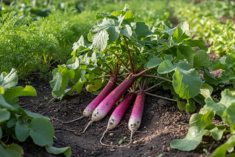 K&ouml;nnte beinhalten: Eine Gruppe von vier langen, spitz zulaufenden Radieschen mit leuchtend magentafarbener bis violetter Haut, die zu den Spitzen hin wei&szlig; wird. Jedes Radieschen hat eine dichte Krone aus gezackten gr&uuml;nen Bl&auml;ttern an rot-violetten Stielen.