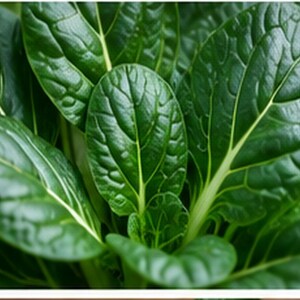 Puede incluir: Un grupo de hojas frescas de bok choy con un color verde intenso y brillante, con venas blancas p&aacute;lidas prominentes que recorren el centro de cada hoja. Las hojas tienen una superficie lisa y ligeramente texturizada con gotas de agua.