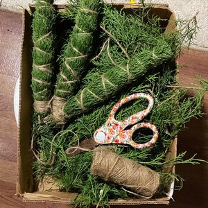 May include: A cardboard box filled with fresh green cedar branches, three bundles of cedar tied with brown twine, a pair of floral patterned scissors with orange and pink flowers, and a small spool of brown twine resting on the greenery.