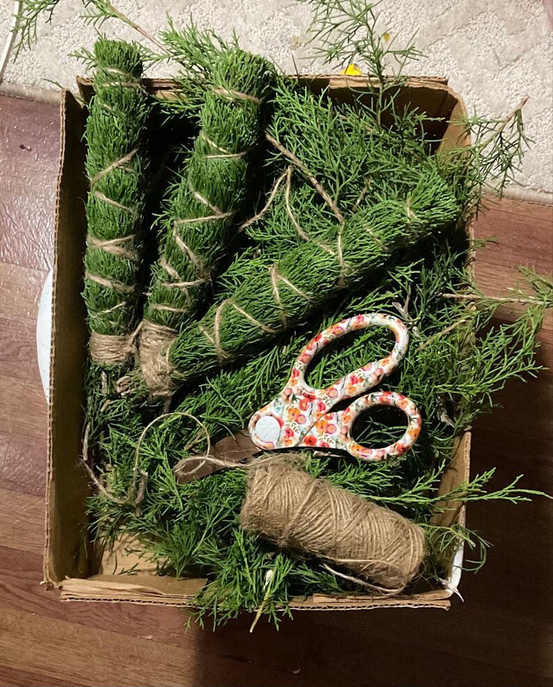 May include: A cardboard box filled with fresh green cedar branches, three bundles of cedar tied with brown twine, a pair of floral patterned scissors with orange and pink flowers, and a small spool of brown twine resting on the greenery.