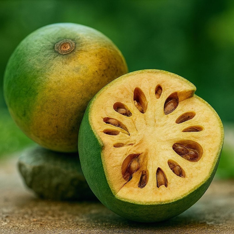 Pu&ograve; includere: Una mela di legno intera e rotonda con una buccia liscia verde e gialla &egrave; posta accanto a una mela di legno tagliata a met&agrave;. La sezione trasversale rivela una polpa fibrosa giallo pallido contenente numerosi piccoli semi marrone scuro.