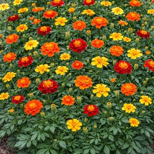 Peut inclure: Un buisson dense de fleurs de souci aux teintes vives de jaune, d'orange et de rouge fonc&eacute;. La plante pr&eacute;sente de nombreux p&eacute;tales superpos&eacute;s et fronc&eacute;s ainsi que de petites feuilles vertes pointues, avec plusieurs boutons floraux ferm&eacute;s.