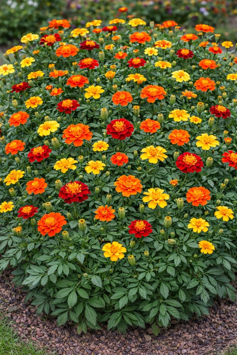 Peut inclure: Un buisson dense de fleurs de souci aux teintes vives de jaune, d'orange et de rouge fonc&eacute;. La plante pr&eacute;sente de nombreux p&eacute;tales superpos&eacute;s et fronc&eacute;s ainsi que de petites feuilles vertes pointues, avec plusieurs boutons floraux ferm&eacute;s.