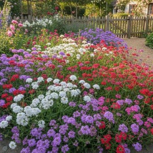 Peut inclure: Un massif de fleurs vibrant compos&eacute; de grappes de fleurs violettes, blanches et rouges. De grands delphiniums bleus se dressent &agrave; l'arri&egrave;re-plan pr&egrave;s d'une cl&ocirc;ture en bois, tandis qu'un chemin de gravier serpente vers une maison au loin.