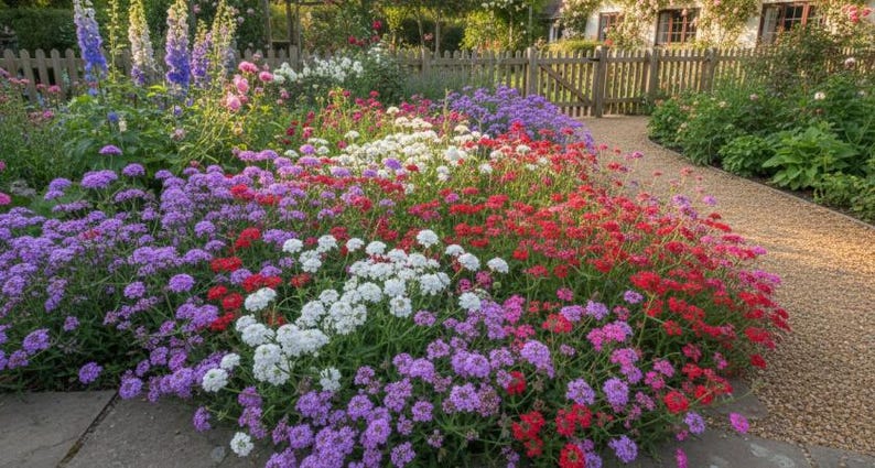Peut inclure: Un massif de fleurs vibrant compos&eacute; de grappes de fleurs violettes, blanches et rouges. De grands delphiniums bleus se dressent &agrave; l'arri&egrave;re-plan pr&egrave;s d'une cl&ocirc;ture en bois, tandis qu'un chemin de gravier serpente vers une maison au loin.