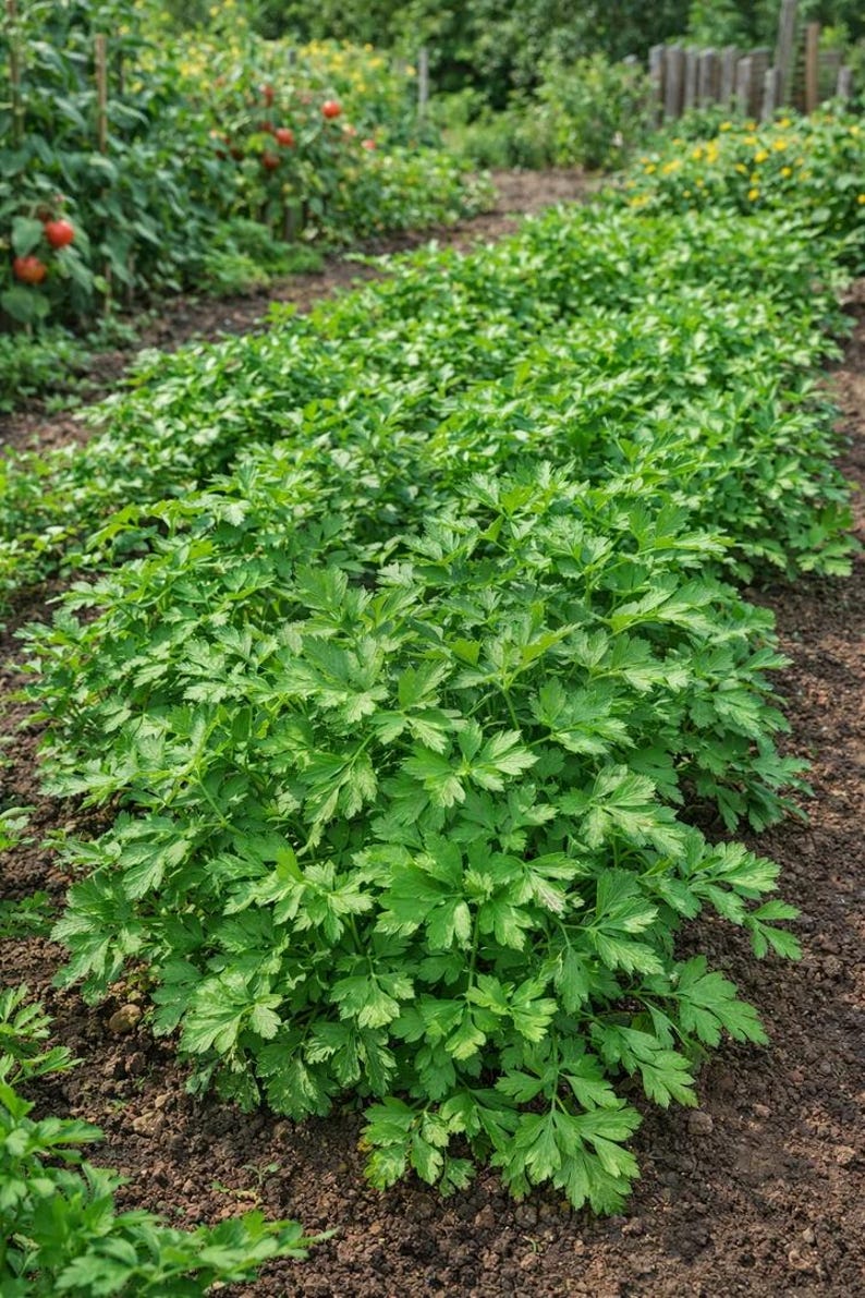 Pu&ograve; includere: Una fila rigogliosa di piante di prezzemolo verde brillante che crescono in un terreno scuro. Le erbe a foglia presentano bordi seghettati e una consistenza densa e cespugliosa, che si estende lungo l'aiuola con piante di pomodoro sullo sfondo.