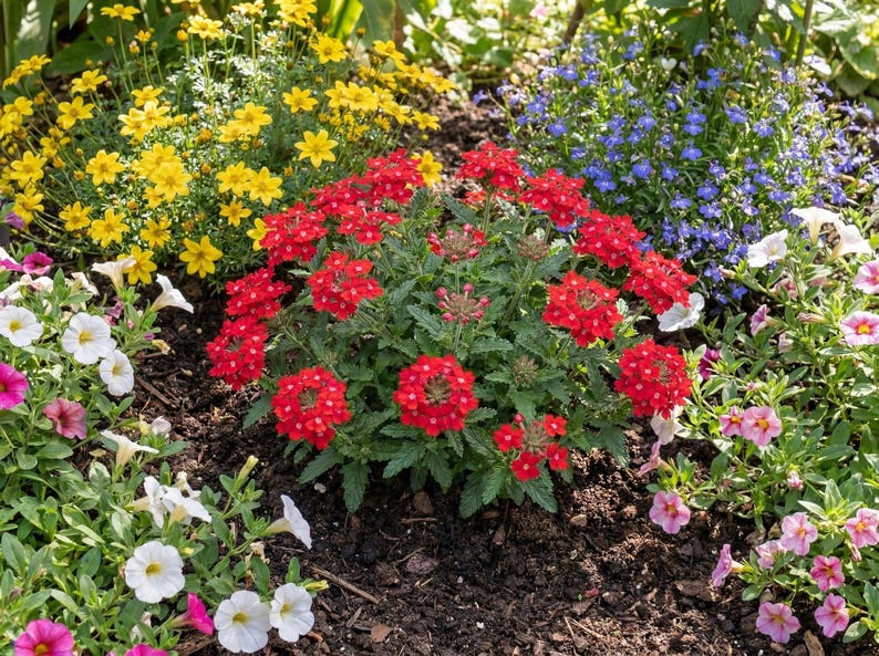 Peut inclure: Un massif de jardin vibrant pr&eacute;sentant un groupe central de fleurs de verveine rouge vif entour&eacute; de parcelles de cor&eacute;opsis jaunes, de petites lob&eacute;lies bleues et de p&eacute;tunias blancs et roses, poussant dans un sol sombre et riche.