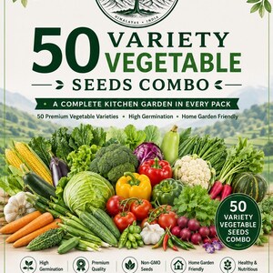 Op de afbeelding: Een 50-vari&euml;teiten groentezaden combipakket met een logo van een boom en bergen. De afbeelding toont een kleurrijk assortiment verse groenten, waaronder ma&iuml;s, wortels, broccoli, paprika's, kool en tomaten met bijbehorende tekst.