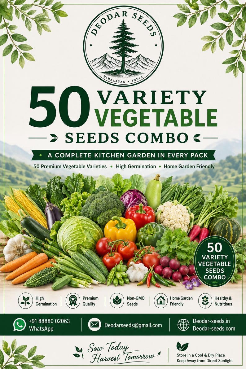 Op de afbeelding: Een 50-vari&euml;teiten groentezaden combipakket met een logo van een boom en bergen. De afbeelding toont een kleurrijk assortiment verse groenten, waaronder ma&iuml;s, wortels, broccoli, paprika's, kool en tomaten met bijbehorende tekst.