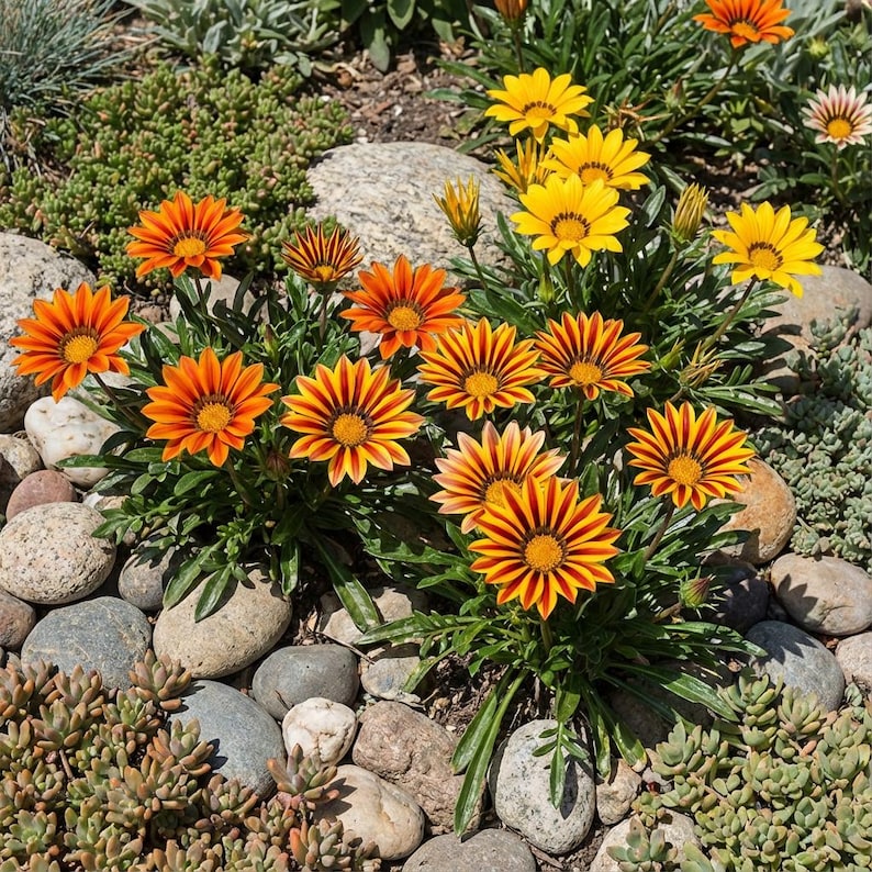 Peut inclure: Un groupe de fleurs de gazania orange et jaune vif aux centres sombres, entour&eacute;es de feuillage vert et de galets gris lisses. Les fleurs ressemblent &agrave; des marguerites avec des p&eacute;tales ray&eacute;s dans des tons d'or, d'ambre et d'orange fonc&eacute;.