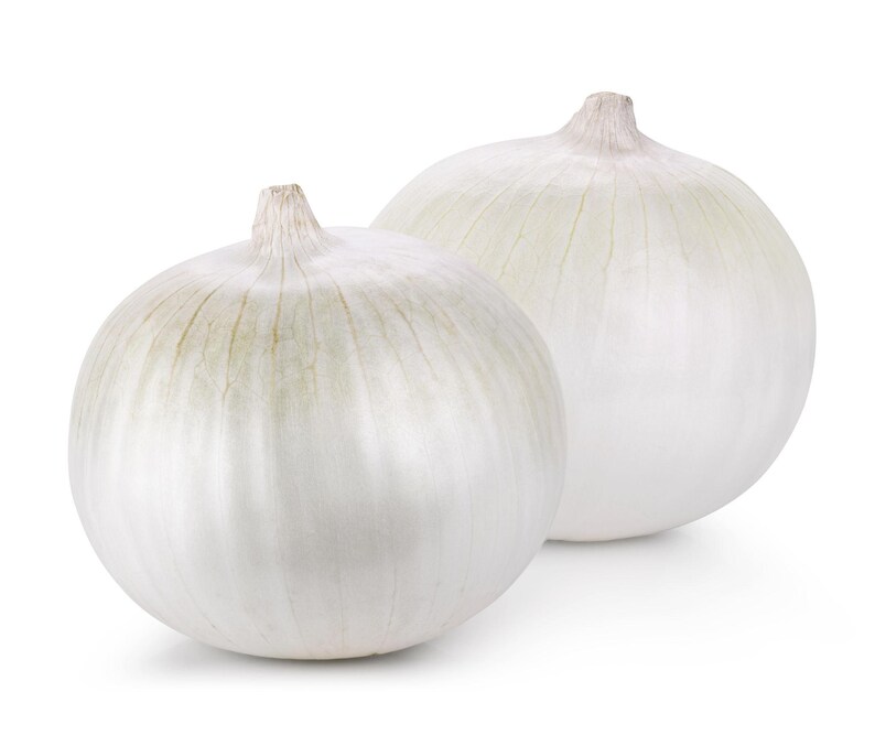 May include: Two whole white onions with smooth, papery skin and visible vertical striations. Each onion features a small, dried stem at the top, showcasing a rounded, bulbous shape with a pale, off-white colour throughout the entire surface.