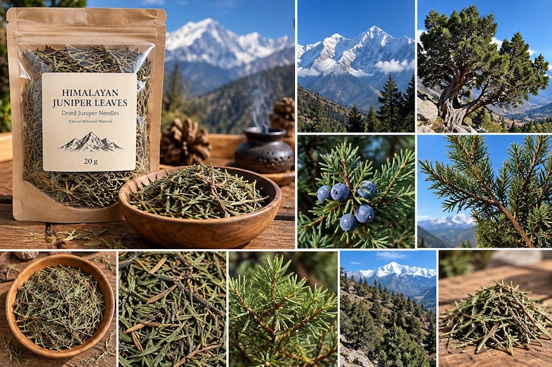 May include: A 20 g pouch of Himalayan Juniper Leaves with a label featuring mountain graphics, alongside a wooden bowl filled with dried needles, images of juniper trees, blue berries, and snow-capped mountain landscapes in a collage.
