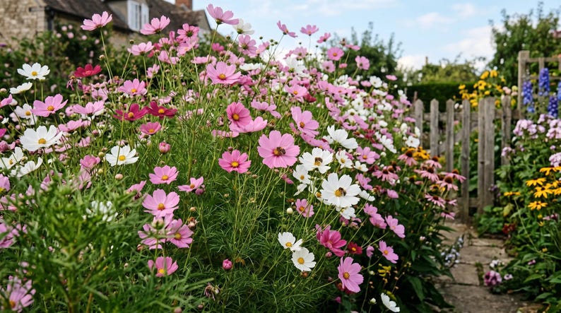 K&ouml;nnte beinhalten: Eine dichte Ansammlung von Kosmosbl&uuml;ten in Rosa-, Magenta- und Wei&szlig;t&ouml;nen mit gelben Mitten, die an d&uuml;nnen gr&uuml;nen Stielen wachsen. Die Pflanzen haben zartes, federartiges Laub und befinden sich in einem Garten mit einem Holzzaun.