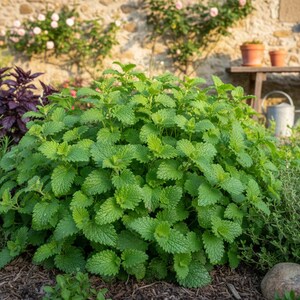 May include: A lush, vibrant green lemon balm plant with textured, serrated leaves growing in a garden bed. The plant features a dense, rounded shape with bright foliage, surrounded by other herbs and a stone wall in the background.