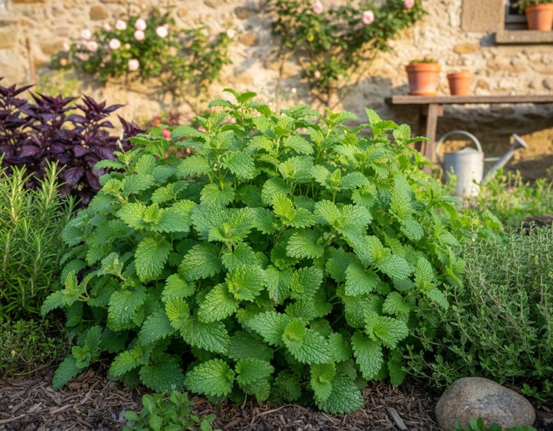 May include: A lush, vibrant green lemon balm plant with textured, serrated leaves growing in a garden bed. The plant features a dense, rounded shape with bright foliage, surrounded by other herbs and a stone wall in the background.