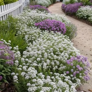 K&ouml;nnte beinhalten: Ein Gartenweg ges&auml;umt von einem wei&szlig;en Lattenzaun und dichten B&uuml;scheln kleiner wei&szlig;er und violetter Blumen. Die Blumenbeete zeigen niedrig wachsendes gr&uuml;nes Laub und &uuml;ppige Bl&uuml;ten, die &uuml;ber den Rand des gepflasterten Weges ragen.